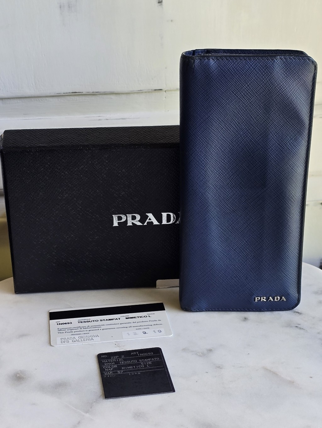 Prada Blue Saffiano Leather Long Bi-Fold Wallet With Box & Authenticity Card